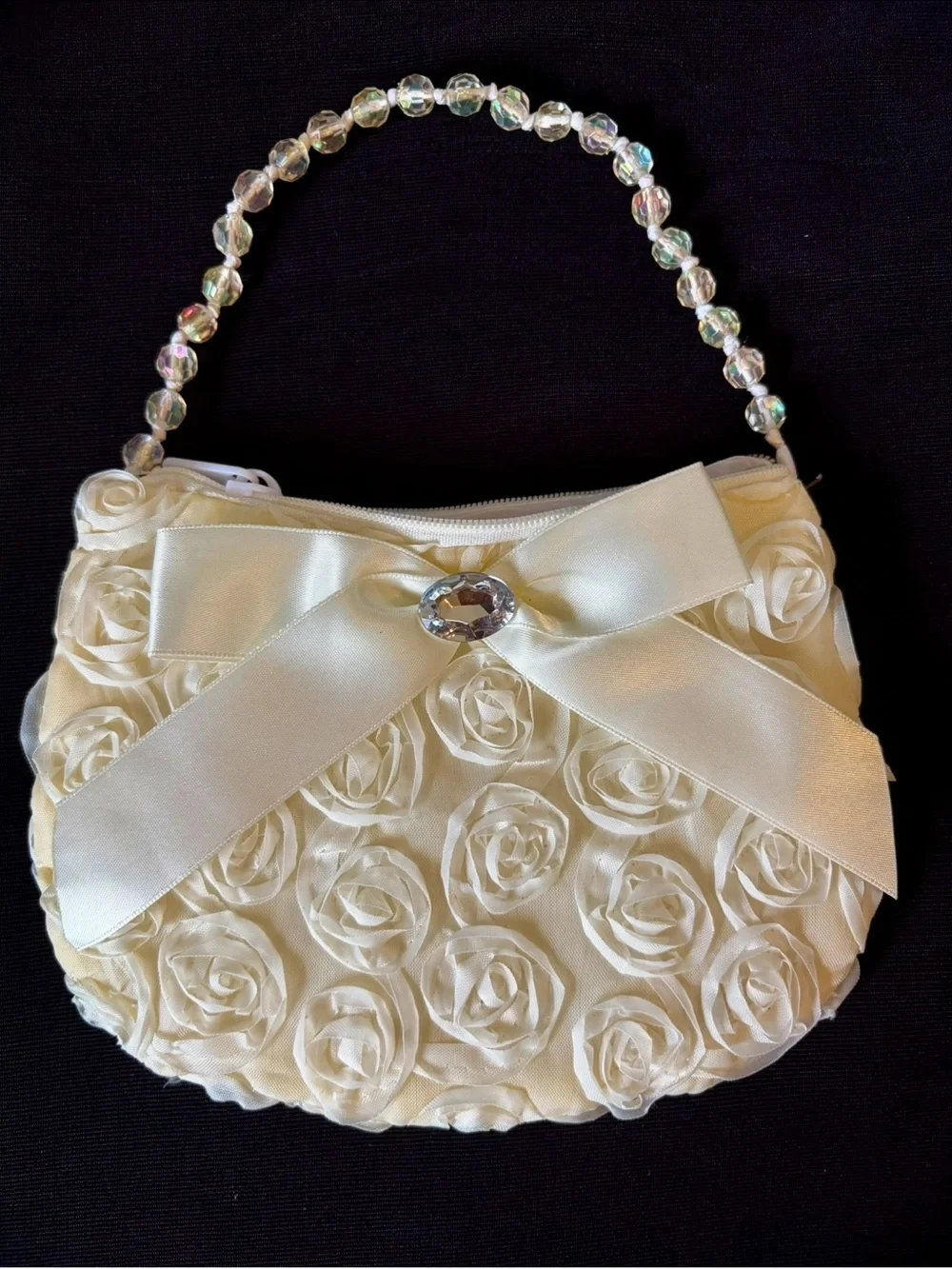 New Little Girl Ivory Satin Floral Bow Evening Bag with Crystal Handle